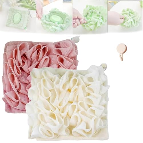 2 in 1 Loofah Sponge Washcloth for Bar Soap, Soap Pouch with Drawstring, Exfoliating Mesh Shower Scrubber Glove for Body Wash(2p