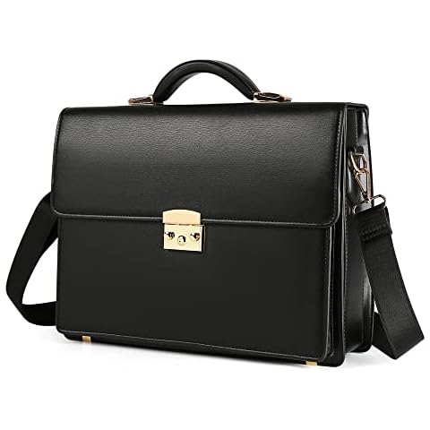 Ecentaur Briefcases for Men Business Mens Leather Briefcase Locking Black Laptop Messenger Bag Lawyer Hard Case Cover