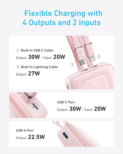 Image of Anker Zolo Power Bank, 20,000mAh 30W Max Fast Portable Charger with Built-in USB-C and MFi Certified Lightning Cables, USB-C&A, Battery Pack for iPhone 16 /15 Series, MacBook, Galaxy (Black)