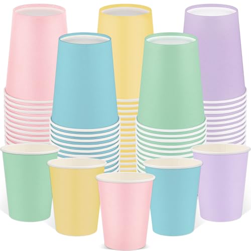 Confezione da 100 bicchieri di carta colorati arcobaleno pastello, 255 ml, bicchieri di carta usa e getta, per feste di compleanno, vacanze, 5 colori