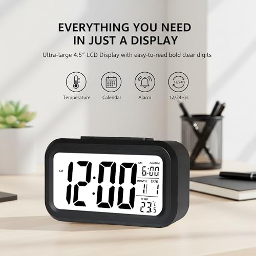 Image of Auromin Digital Alarm Clock with Auto Sensor, Time, Date, Temperature Display & Silent Operations | Loud Alarm for Heavy Sleepers | Desk Table Clock for Students, Bedroom, Office