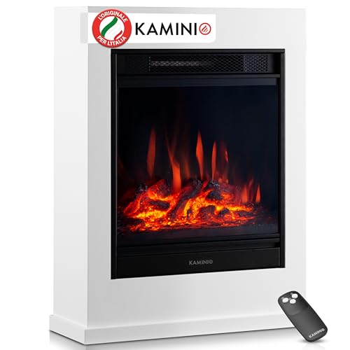 KAMINIO Camino elettrico Kalle - Caminetto elettrico a pavimento con riscaldamento, effetto fiamma 3D, telecomando (Bianco)