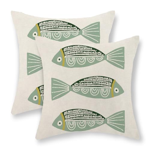 GOLIANDA Coastal Pillow Covers 18x18 Inch Set of 2 Ocean Beach Green Fish Throw Pillows Summer Nautical Outdoor Decorative Pillow Cases Linen Farmhouse Cushion Cover for Couch Home Sofa Bedroom Decor