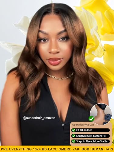 Image of Sunber Ombre Chestnut Brown Light Yaki Straight Bob Human Hair Wigs Pre Everything Pre Cut 13x4 HD Lace Front Glueless Bob Wig Put On and Go Brown Yaki Bob Wig Pre Bleached Invisible Knots 10Inch