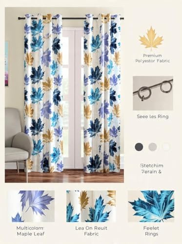 Image of HUTI 5 Feet Blue Window Curtain Set of 2 | Semi Transparent Leaf Print | Light Filtering Polyester | Eyelet Curtains for Living Room & Bedroom 4x5 ft (120 x 150 cm) | Perfect for Home Decor