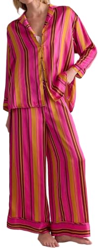 Image of Women Floral Satin Pajamas Long Sleeve Button Shirt Silk Wide Leg Pants Set