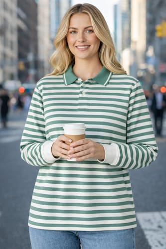 Image of Mack Jonney Women's Striped Polo T-Shirt | Full Sleeves | Collared Casual Cotton Tee | Regular Fit Top-M7372