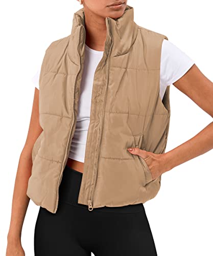 AUTOMET Women‘s Cropped Puffer Vest, Y2K Inspired Sleeveless Gilet for Fall Winter Spring, Casual to Street OuterwearKhaki S