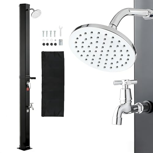VEVOR 9.2 Gal Solar Heated Shower, 6.4ft Showerhead Height Outdoor Shower, with Foot Faucet & Soap Box Rack, Hot & Cold Water Adjustment, Freestanding for Backyard Poolside Beach Pool,Black