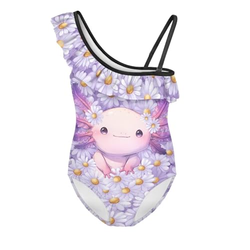 Ocwfudsx Girls' Ruffled Swimsuits Kids One-Piece Bathing Suits, Axolotl Print, Elastic Breathable Fast-Drying, Comfort for Beach Play
