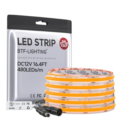 Image of BTF-LIGHTING Orange COB LED Strip Light, UL Listed 480LED /m High Density Uniform Light,16.4FT DC12V 8mm Width 3M Tape Light for Cabinet Bedroom Home Indoor DIY Lighting(No Adapter or Controller)
