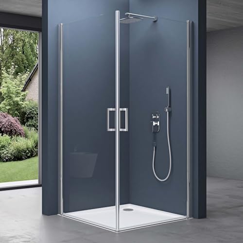 doporro Cabina de ducha de 80 x 85 x 195 cm, cabina de ducha angular con doble puerta batiente, mecanismo de elevación/bajada de cristal de seguridad ESG, cristal transparente Ravenna24K