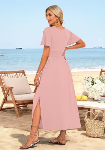 AUSELILY Maxi Dresses V Neck Flutter Sleeve Slit Summer Dress with Pockets — view 6