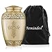 Reminded Adult Cremation Memorial Urn for Human Ashes, Gold Etched Cross Brass Funeral Urn with Velvet Bag
