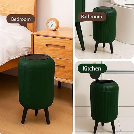 Image of ZENOVIA Modern Floor-Standing Dustbin with Legs | Push-Button Lid | Green Ribbed Plastic Waste Bin for Bedroom, Living Room & Kitchen | Large Capacity Decorative Trash Can | Push-Button Lid, Ribbed Plastic, With Legs, Odour-Free