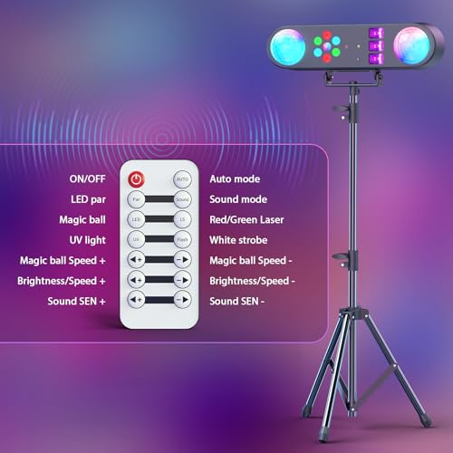 DJ Lights with Stand,5 in 1 Dj Lights for Parties Disco Ball Stage Party Light Set with Sound Activated Control, UV,Strobe, Dyeing, Led Par Light and Pattern Lighting for Bar Wedding Christmas-2PC - Thumbnail 6
