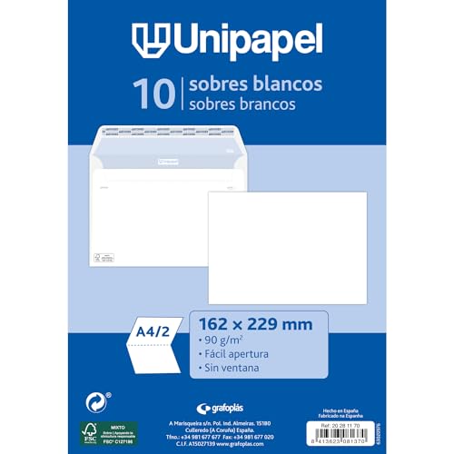 Unipapel | Pack 10 Sobres Papel 90g Blancos | 162x229mm | Cierre Recto con Tira Autoadhesiva Silicona Autodesk | Fácil Apertura | Certificado FSC | Perfecto para Cartas a4 Plegadas en 2 o a5 Completa