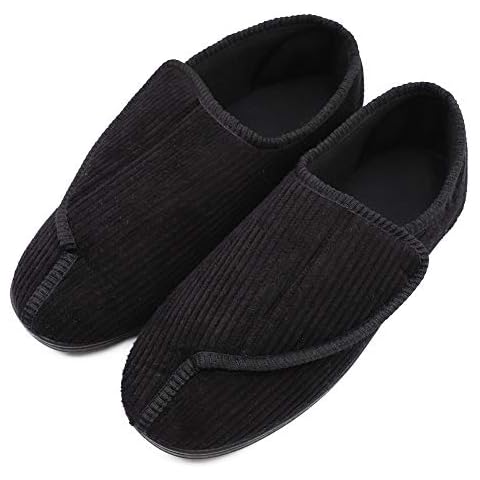 Mens Diabetic Slippers Extra Wide Memory Foam Comfort House Shoes with Adjustable Closure for Swollen Feet, Edema, Arthritis, Elderly Indoor/Outdoor Black Cover
