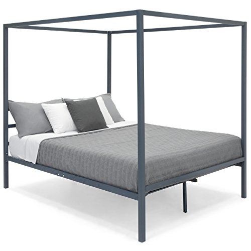 Best Choice Products Industrial 4 Corner Post Steel Canopy Queen Platform Bed Frame w/Headboard, Metal Slats, Gray