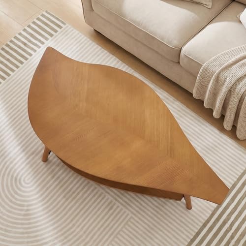 DURISEN Small Coffee Table with Storage,Unique Leaf Handcrafted Marquetry,Mid Century Modern Oval Wooden Coffee Table,Natural Oak Veneer, Solid Wood Legs,for Living Room,Apartment(Walnut) — view 3