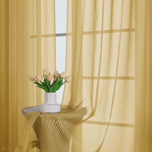 Image of Chyhomenyc Gold Sheer Curtains 96 Inches Long 2 Panels, Light Filtering Gold Curtains for Living Room, Soft Gentle Voile Rod Pocket Bedroom Window Drapes, 59Wx96L Inch, 2PCS