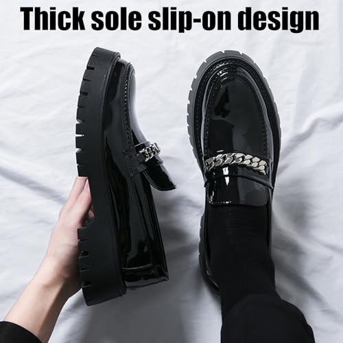 Men's Patent Leather Slip on Platform Loafers with Chain Decor Luxury Round Toe Low Block Lug Sole Business Office Dress Shoes Non-Slip Dating Party Casual Shoes3