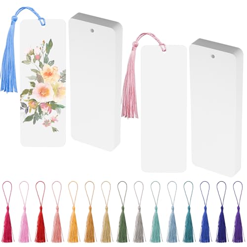 APOMOONS Lesezeichen Set: 60 Stück Weiß mit 60 Bunt Quasten, Blanko Lesezeichen aus Papier, Basteln mit Loch, Selbst Gestalten, Geschenkanhänger