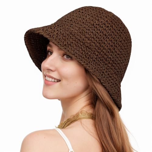 Image of Womens Floppy Straw Sun Hat Packable Wide Brim Summer Beach Hat Foldable Crochet Bucket Hats