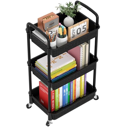 Image of MOYIPIN 3-Tier Plastic Rolling Utility Cart with Handle,Utility Storage Cart for Office, Living Room, Kitchen,Movable Storage Organizer Shelves,Black