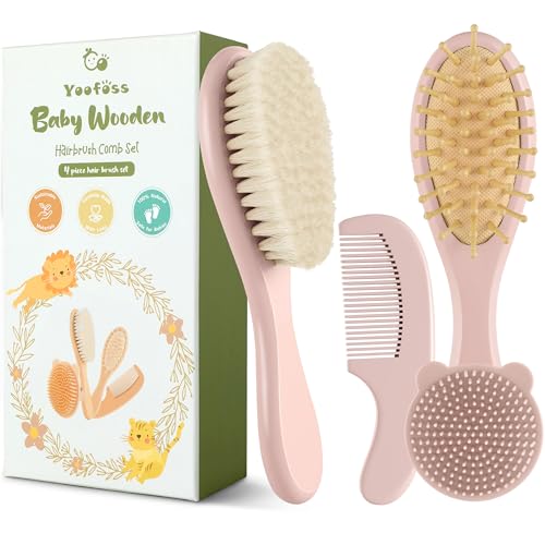 Image of Yoofoss 4 Piece Baby Hair Brush and Comb Set，Wooden Baby Hair Brush with Natural Ultra Soft Goat Hair, Baby Comb Set for Boy, Girl - Pink