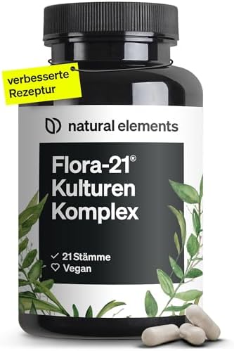 natural elements Flora 21® Kulturen Komplex – 21 Bakterienstämme + Bio Inulin – 180 magensaftresistente Kapseln – Laborgeprüft, vegan, hochdosiert und in Deutschland produziert