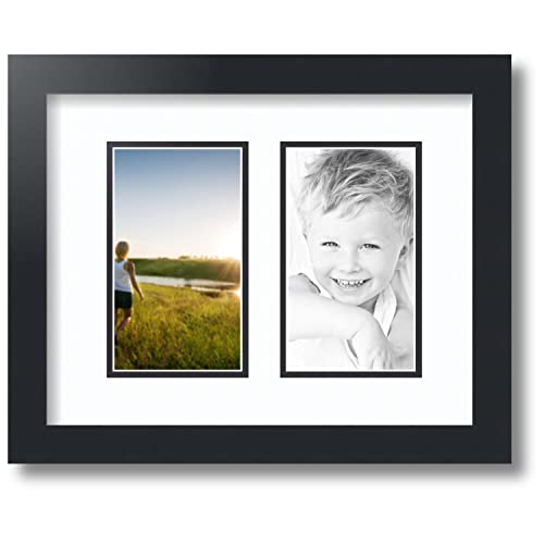 ArtToFrames Double-Multimat-559-61/89-FRBW26079 Collage Photo Frame Double Mat with 2-4x7 Openings and Satin Black Frame, Super White, 2-4x7