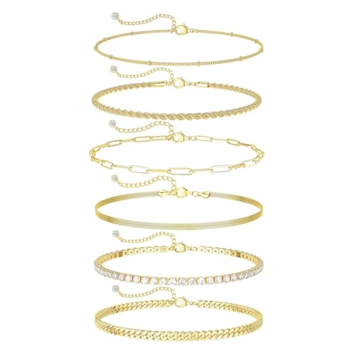 Image of Tressora gold anklets for women, water-resistant dainty 6-piece 14 carat gold-plated anklets with layered Cuban link chains