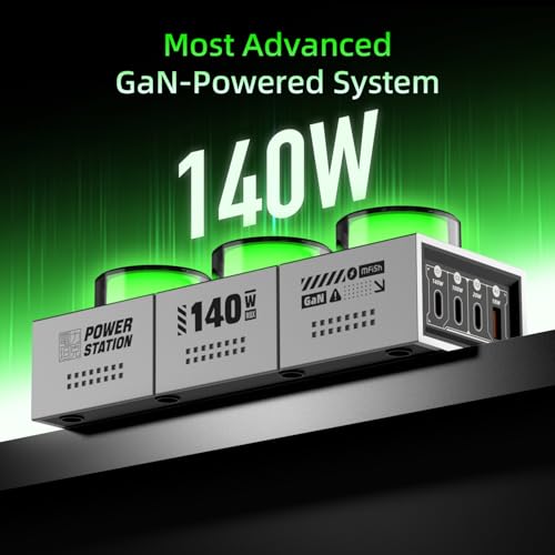 Image of MFish 140W GaN Desktop Charging Station - RGB Gaming Power Hub, 7-in-1 Multi-Device PD 3.1 Fast Charger (3 AC Outlets + 3 USB-C + 1 USB-A Ports) for MacBook Pro, Gaming Setup & Creator Workstation