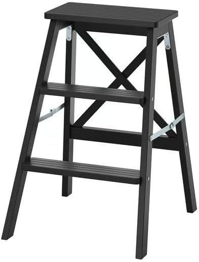 Black 3-Step Folding Stool, Foldable Step Ladder, Space-Saving Wooden Step Stool for Kitchen, Home, Closet, Bathroom, Lightweight Durable Household Ladder, 24.75 Inch Height
