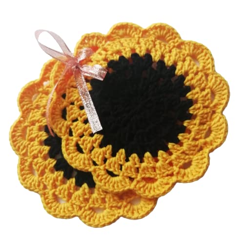 Crochet coasters handmade Set of 2 decorated cotton doilies sunflower design Style table mat insulation mug rug for drink Absorbent placemats