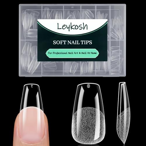 LEYKOSH Medium Coffin Nail Tips, 216 Pcs Clear Gel Fake Nails, 12 Sizes