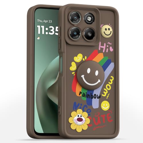 Image of Pikkme Back Cover for Motorola Moto G67 Power 5G / G57 Power 5G | Soft Silicone| Cute Rainbow Smile & 3D Cartoon Flower Design | Shockproof Raised Camera Protection Bumper Case (Brown)