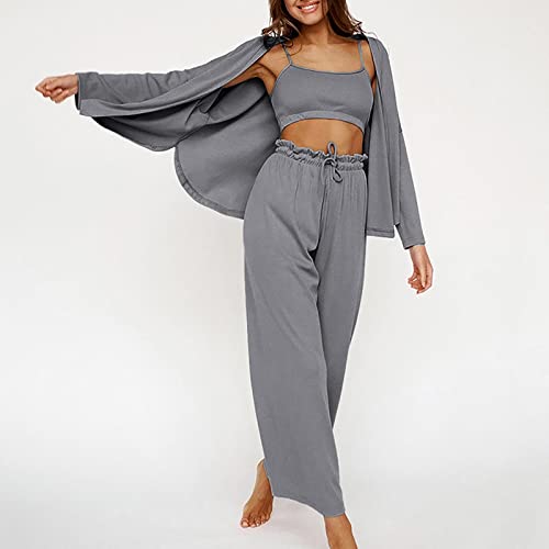 Yuhaotin Cowl Neck Womens Vacation Outfits Ladies' Spring And Summer Pajamas Vest Three Piece Ice Strip Trousers Nightgown Fashion Workout Leggings For Women Tummy Control Pockets #TOP1