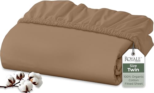 Image of Royale Linens 100% Organic Cotton Fitted Sheet - Percale Weave - Super Soft Deep Pocket Bottom Sheets - Elastic Sheet Twin Size - Twin Fitted Sheets Only - (39 inchx75 inch+15 inch, Chocolate)