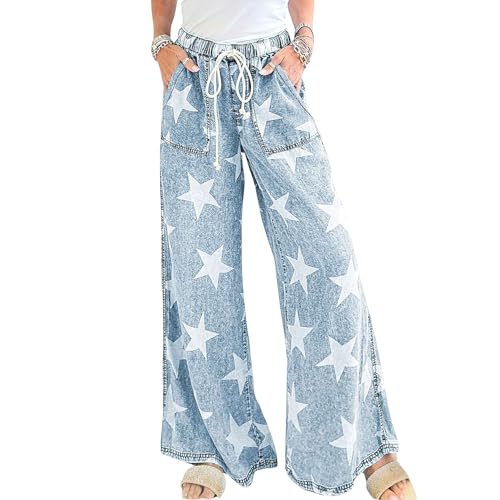chouyatou Women's Wide Leg Star Printed Jeans Barrel Elastic High Waisted Drawstring Flare Denim Pants