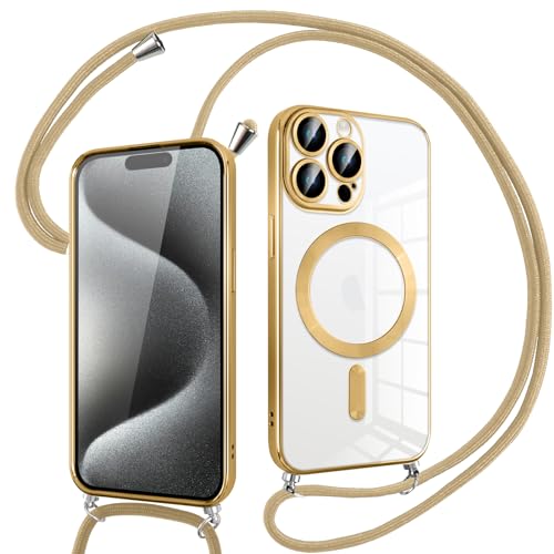Pnakqil Magnetisch Hülle für iPhone 15 Pro Max mit Band, Kompatibel mit MagSafe, Handyhülle Durchsichtig Dünn Silikon mit Handyband Kordel, Aesthetic Durchsichtige Stoßfest Schutzhülle, ORO