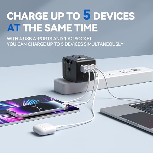 Universal Travel Adapter, Unidapt International Plug Adapter with 4 USB Ports, Pin Converter Power Adaptor Charger for Travel in EU, UK, AU, US, Black