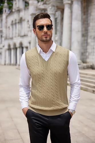 Image of COOFANDY Men's Sweater Vest Cable Knitted V Neck Slim Fit Sleeveless Pullover Sweater