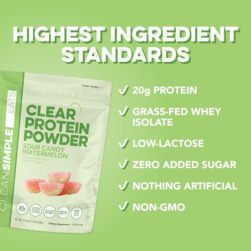 Image of Clean Simple Eats Clear Protein Drinks, 20g Grass Fed Whey Protein Isolate, Ultra Filtered, Light & Refreshing Beverage, Low Lactose, Sour Candy Watermelon, 20 Servings