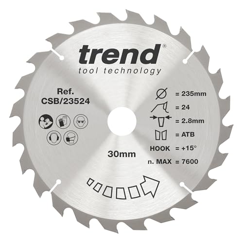 Trend Wood Circular Saw Blade, 235mm Diameter, 30mm Bore, 24 Teeth, 2.8mm Kerf, +15° Hook, TCT, Coarse Finish, CSB/23524