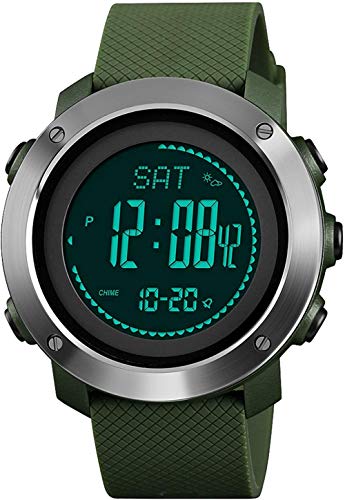 Preisvergleich Produktbild ENCA Digitale Herrenuhr Kompass Outdoor Armbanduhr Schrittzähler Barometer Höhenmesser LED Countdown Thermometer Sport Militär Männer-Gruen