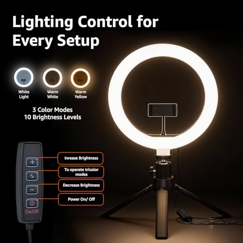 Image of Amazon Basics 12-inch Professional LED Ring Light with Tripod Stand | 3 Color Temperature Modes | 10 Brightness Settings | Suitable for Photoshoot, Makeup, Videography