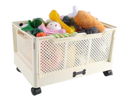 Brabtod Collapsible Dog Basket,Outdoor Dog Toy Bin with Handles,Dog Stuff Organizer with Wheels,Pet Storage Bin for Dog Toys/Snack/Blanket/Camping Essentails-Easy Assemble-15''X10''X7.5''