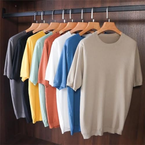 Generic Men's Merino Wool Sweater O-Neck Knitted T-Shirt Breathable Thin Short Sleeve Tees Solid Color Knitting Jumpers Tops2